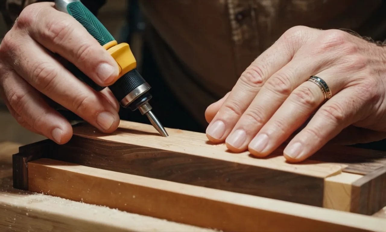 Close-up photograph of a woodworker's hands skillfully applying the best CA glue and activator to bond two intricate wooden pieces together, capturing the precision and craftsmanship involved in woodworking.