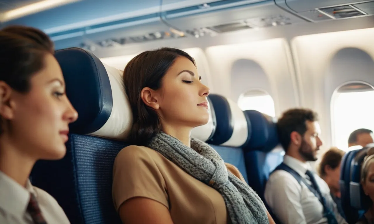 A close-up shot of a traveler peacefully dozing off on an airplane, head resting comfortably on a plush, ergonomic neck pillow, ensuring a restful and enjoyable journey.