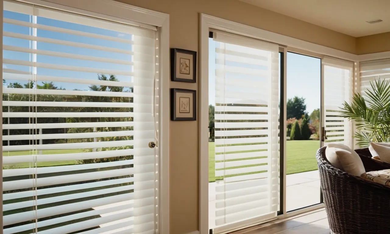 A close-up shot of elegant, white sheer blinds gracefully cascading over a sliding patio door, allowing soft, diffused sunlight to illuminate the room while maintaining privacy and a touch of sophistication.