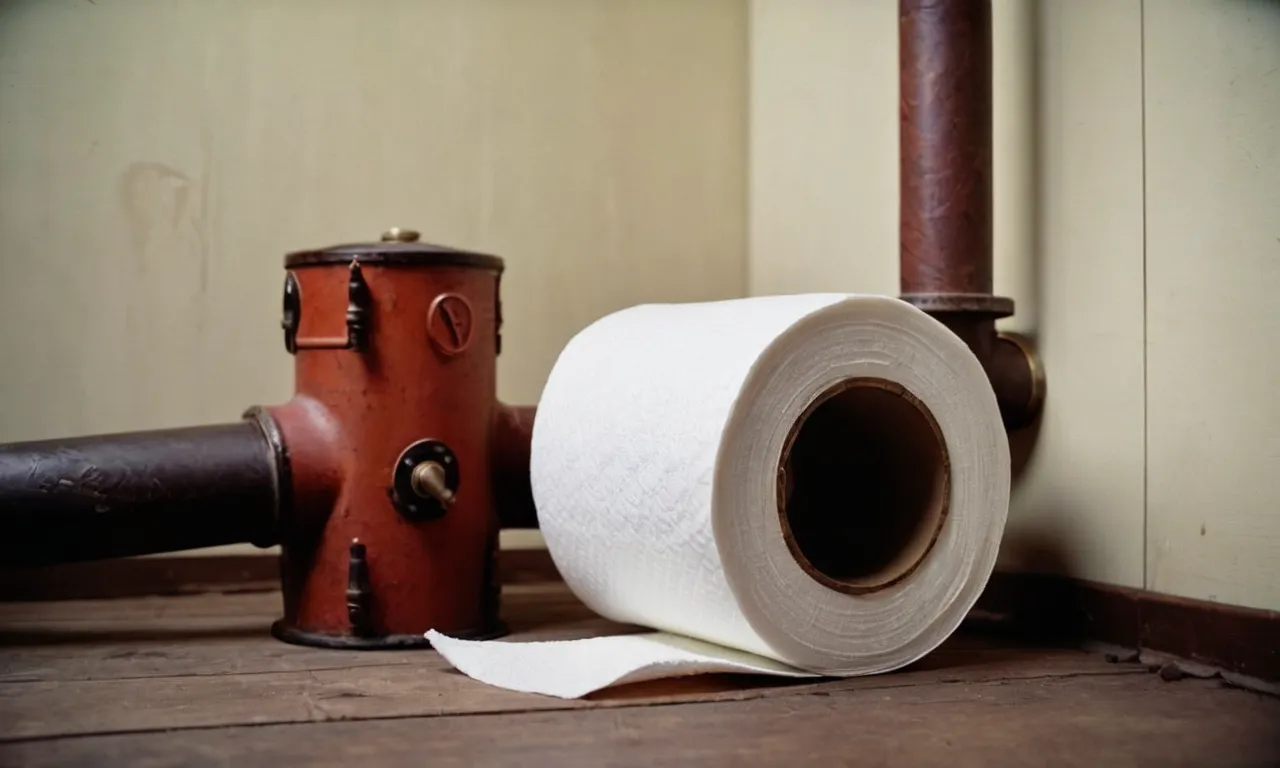 A close-up shot of a vintage pipe system with a roll of extra soft, biodegradable toilet paper placed next to it, emphasizing its compatibility with old pipes.