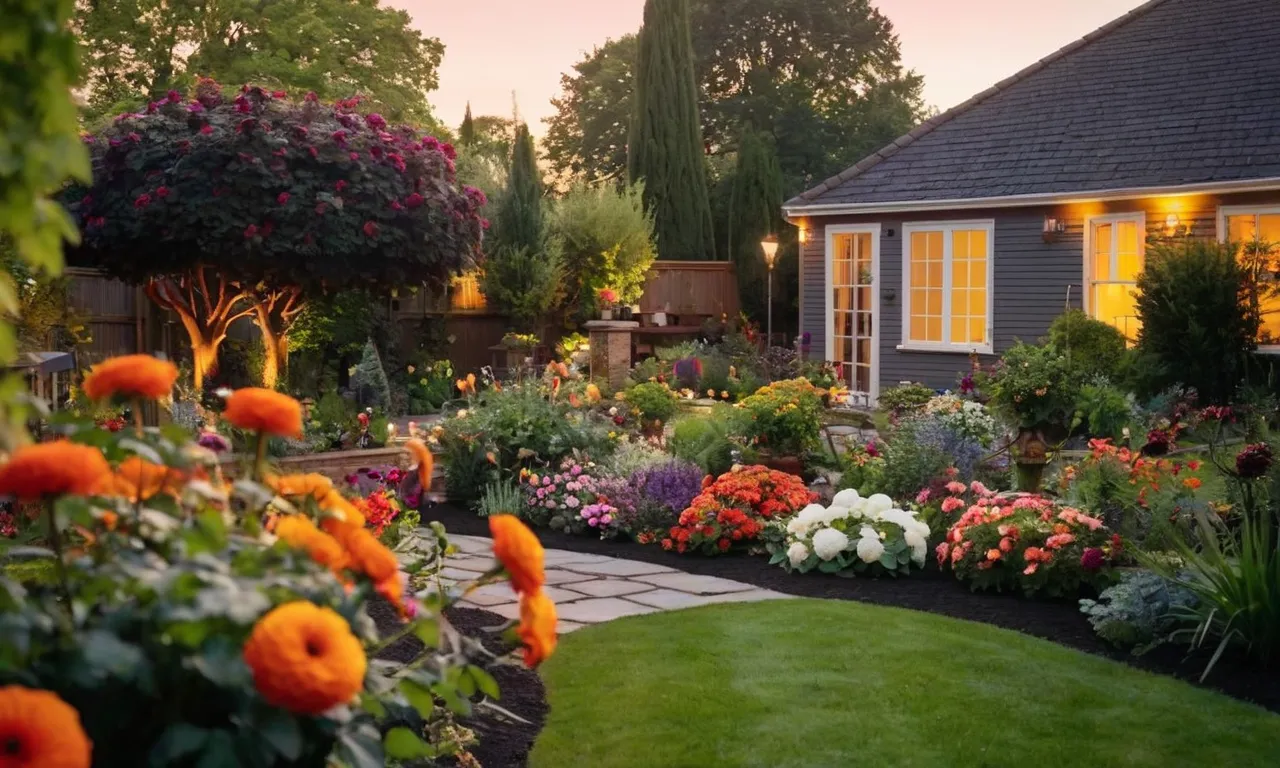 A dusk-lit garden with vibrant flowers, framed by a timer switch-controlled outdoor lighting system, casting a warm glow over the scene.