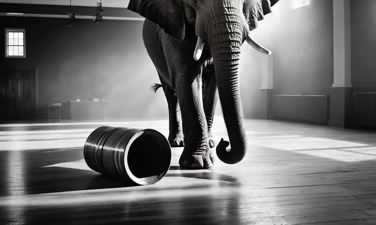 A captivating black and white photograph capturing the tension and strength of a sturdy floor beneath the weight of a massive elephant gracefully standing, defying gravity.