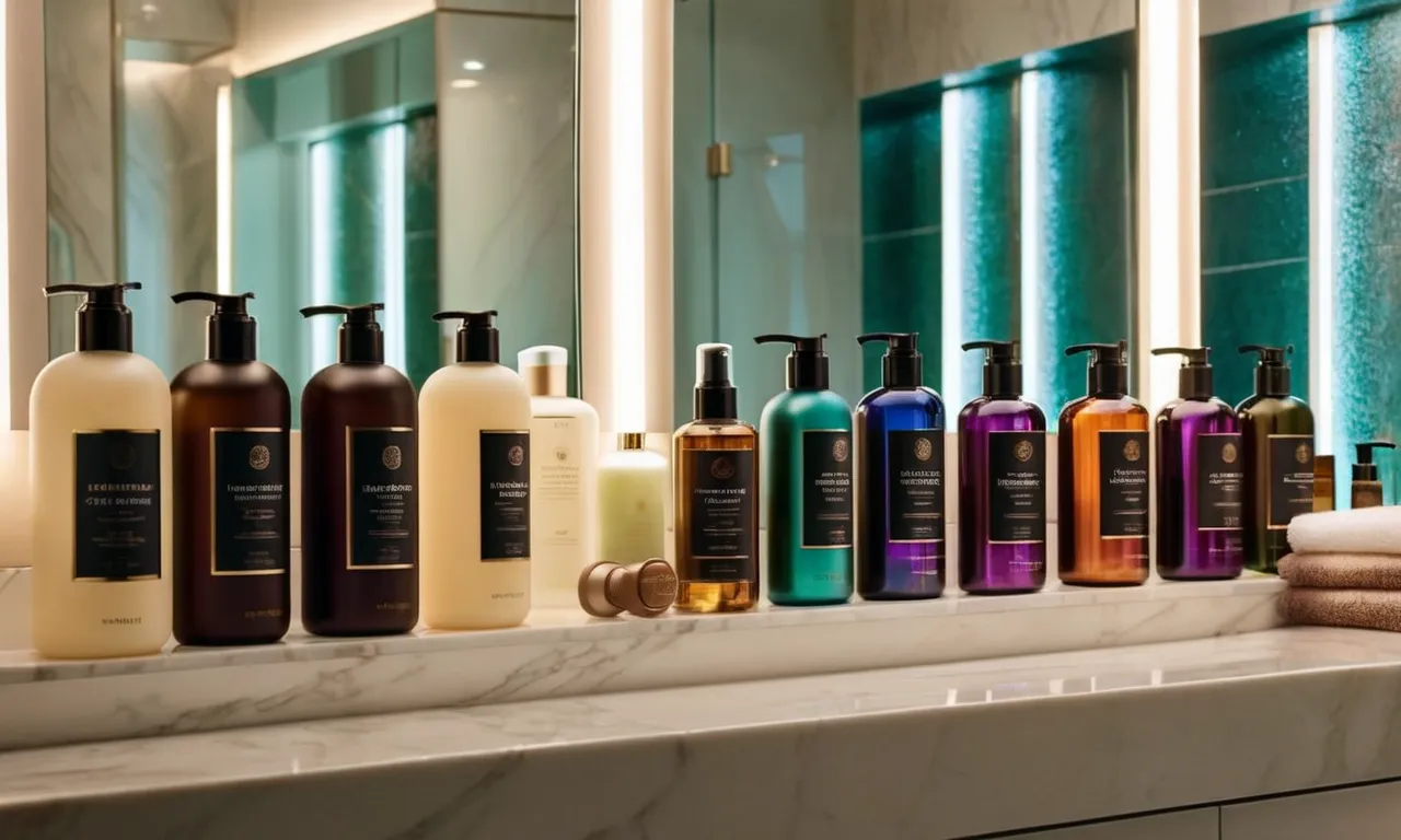 A beautifully arranged guest bathroom with a display of luxurious shampoo and conditioner bottles, glistening under soft lighting, inviting guests to indulge in a pampering hair care experience.