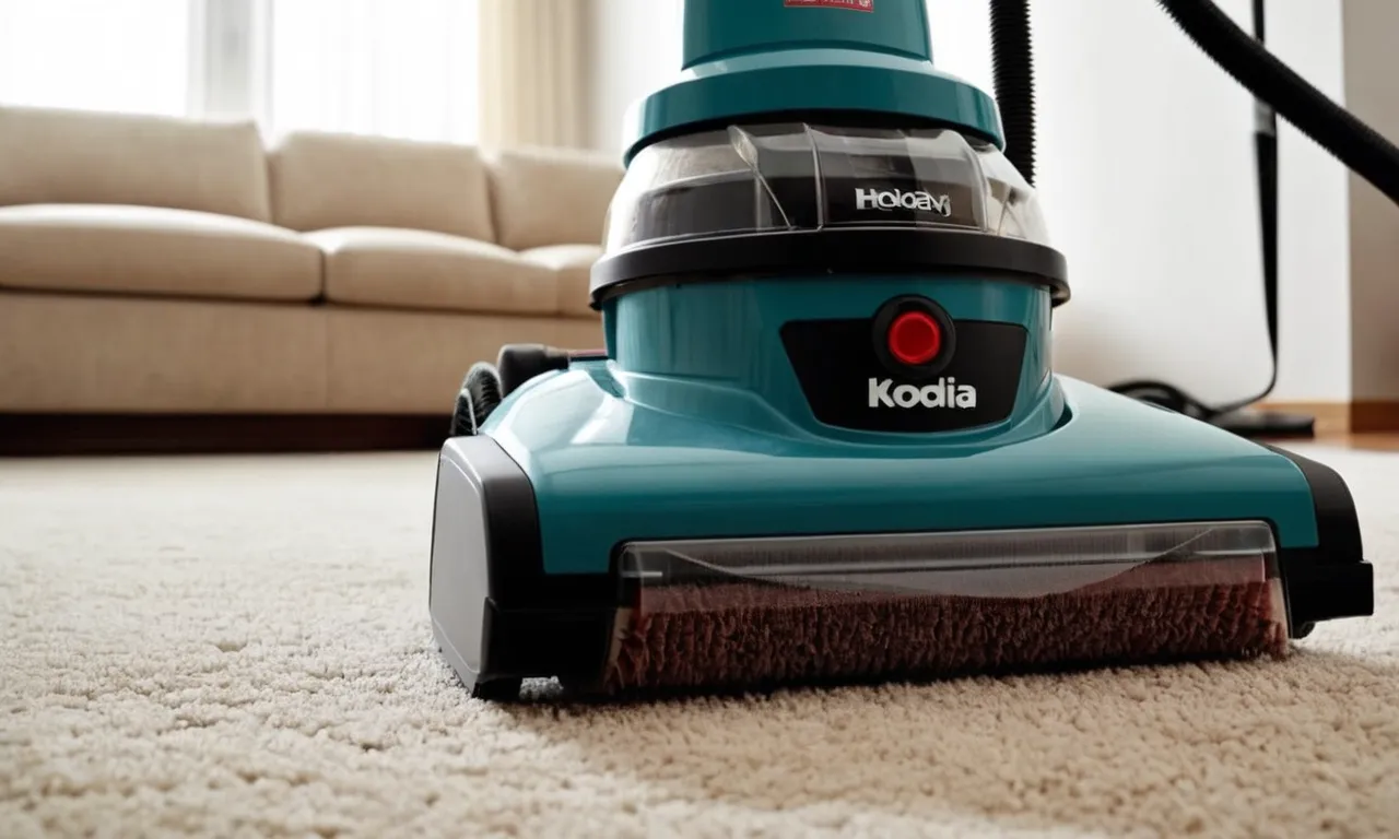 A close-up shot of a powerful carpet cleaner with an attached upholstery tool, showcasing its efficiency and versatility in deep cleaning carpets and reviving upholstery.