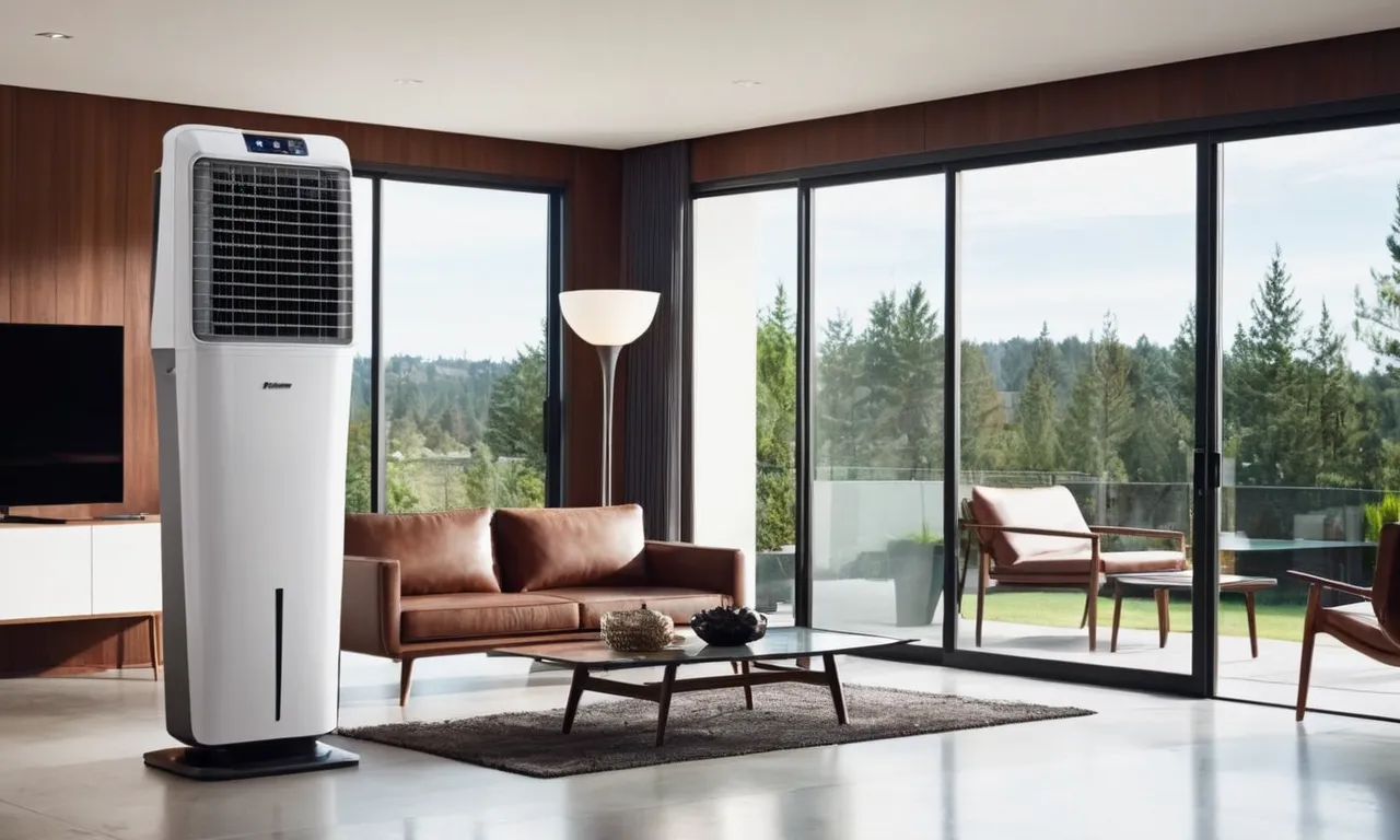 A captivating image of a sleek, modern whole house evaporative cooler, effortlessly blending into the backdrop of a beautifully designed home, providing cool and refreshing air throughout the entire space.
