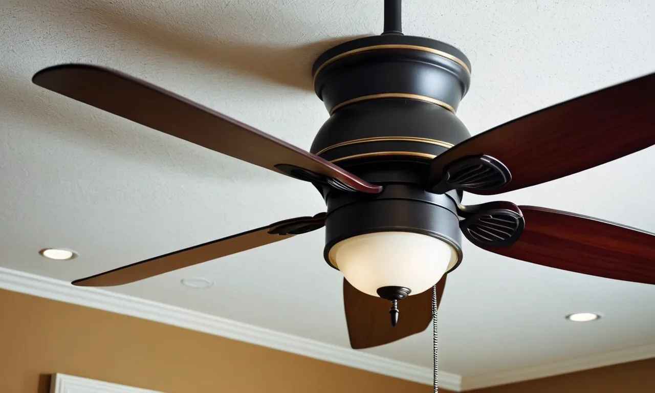 A top-down view of a stylish flush mount ceiling fan with a built-in light fixture, beautifully blending into the room's decor and providing a comfortable breeze and illumination.
