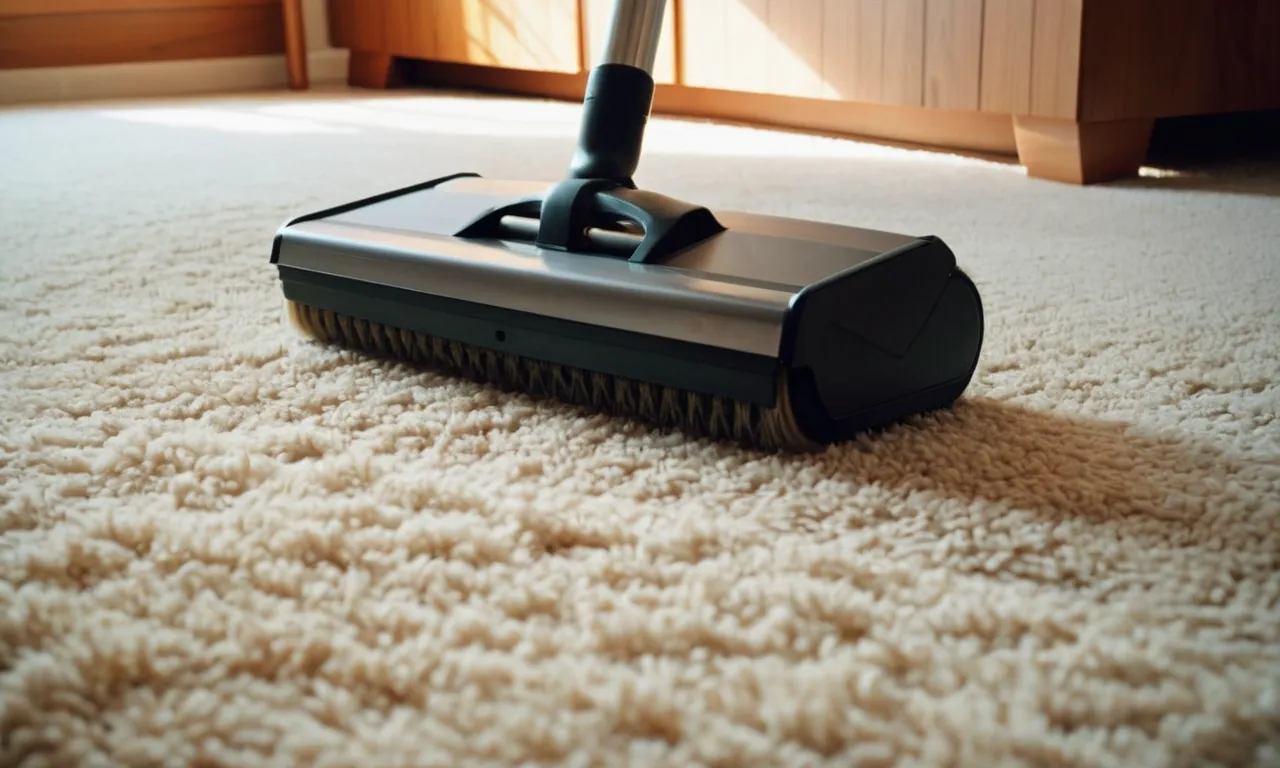 A close-up shot of a powerful carpet sweeper gliding effortlessly over a fluffy carpet, capturing every strand of pet hair with its specialized bristles, leaving behind a spotless and hair-free surface.