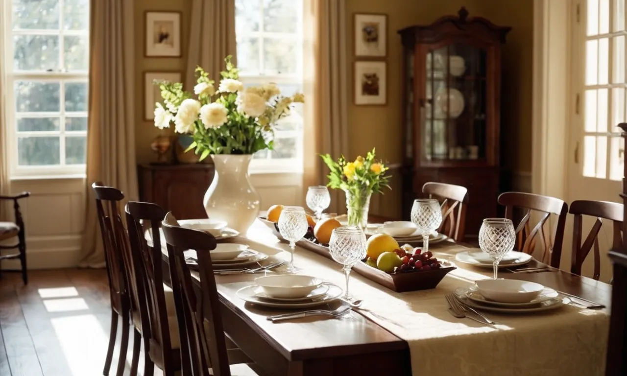 A well-lit rectangular dining table, set in a cozy corner of a sunlit room. The soft rays of sunlight gently illuminate the table, casting a warm glow on the carefully arranged dishes and creating an inviting ambiance.