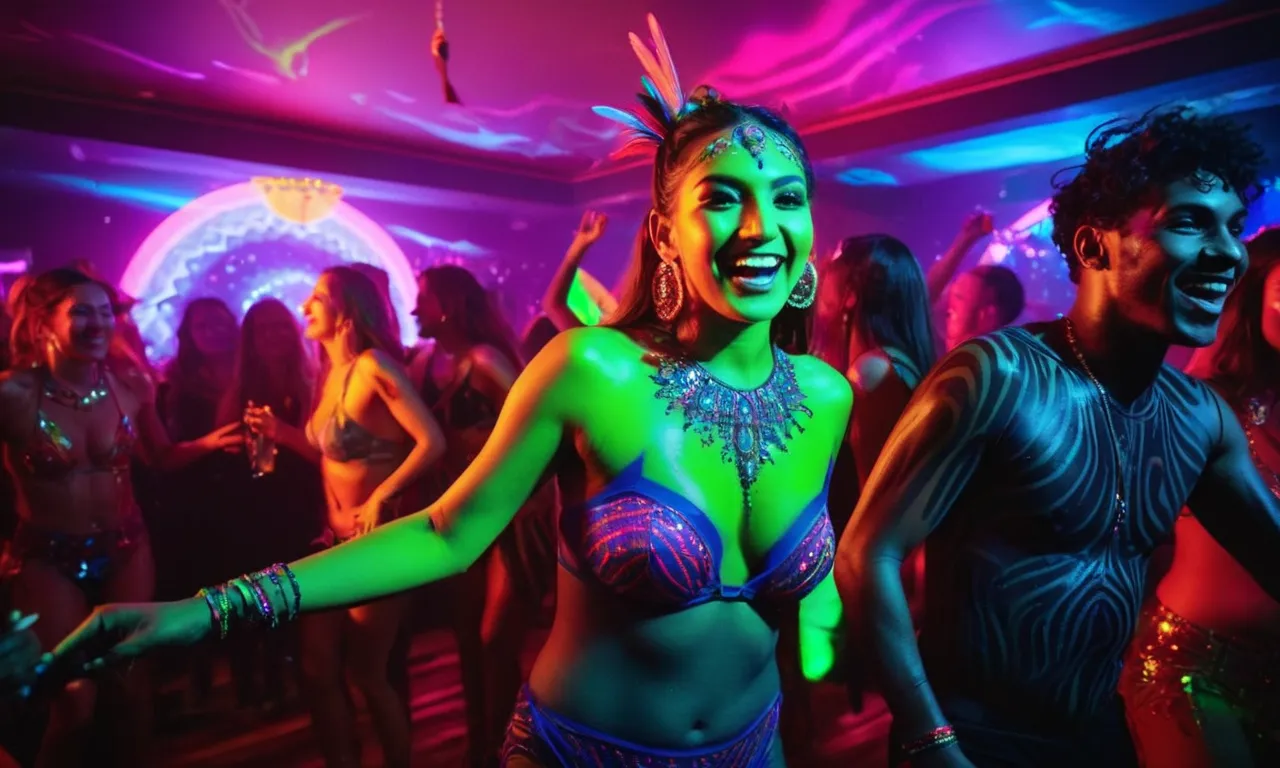 Vibrant neon hues illuminate a dimly lit room, showcasing a crowd of exuberant partygoers covered in glowing body paint, dancing and creating a psychedelic atmosphere under the mesmerizing glow of the best black lights.