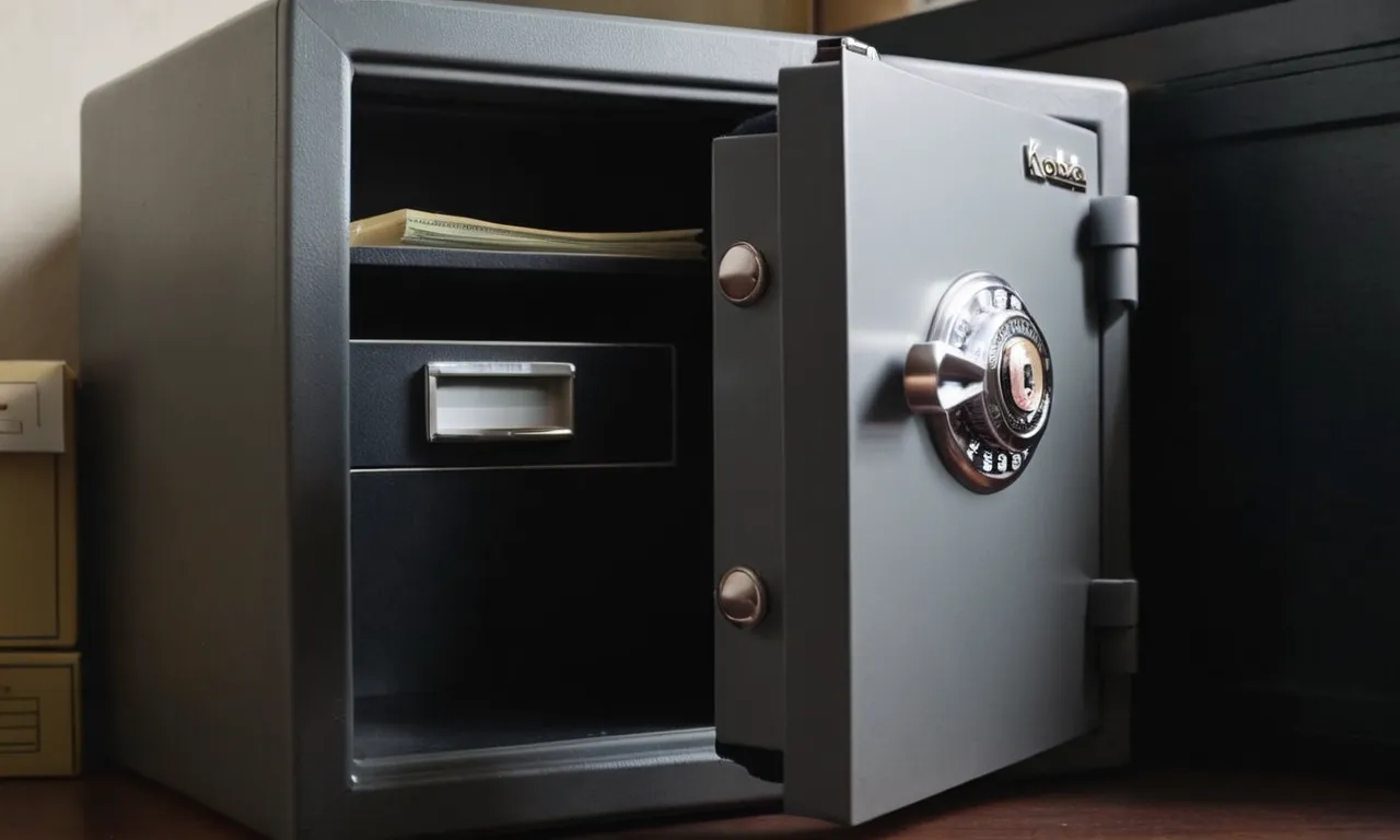 A close-up shot of a compact fireproof safe, showcasing its sturdy construction, secure lock, and ample space for storing cash and valuable documents.