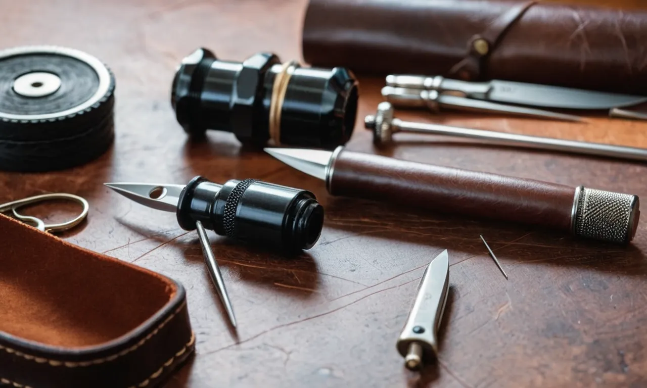 A close-up photo capturing a neatly arranged leather working kit for beginners, showcasing a variety of tools, including needles, thread, a leather punch, and a cutting knife, all placed on a smooth leather surface.