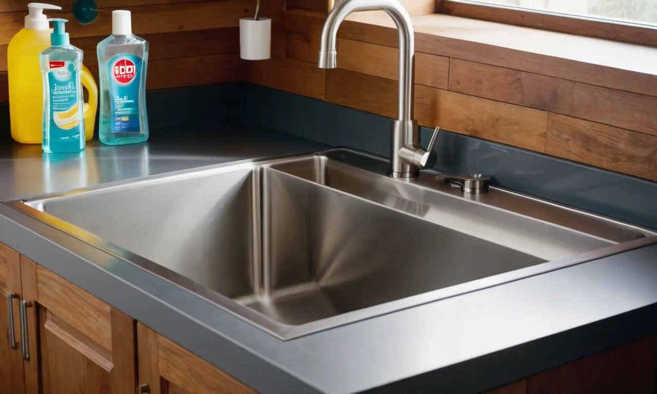 A close-up shot of a sleek, stainless steel utility sink in a well-organized laundry room. The sink is surrounded by cleaning supplies, indicating its practicality and efficiency for laundry tasks.