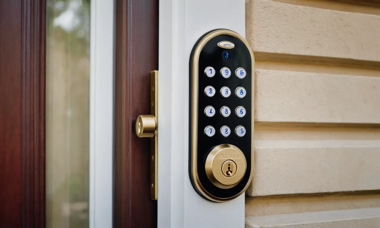 A close-up shot capturing a sleek, modern keypad deadbolt securely installed on a front door, showcasing its durable construction, user-friendly keypad interface, and elegant design.