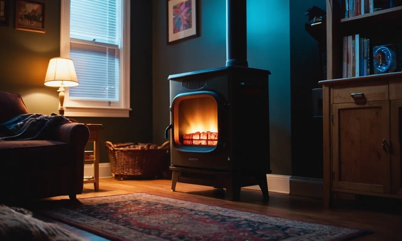 A dimly lit room during a power outage, with a reliable indoor propane heater casting a warm glow, providing comfort and safety in the midst of darkness.