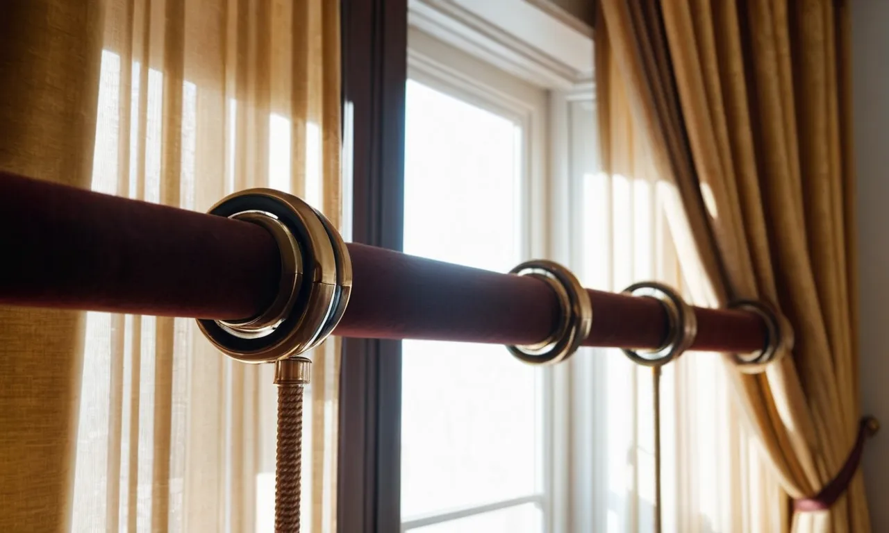 A close-up shot capturing the sturdy double curtain rods firmly supporting elegant and heavy curtains, beautifully blending functionality with style in a room.