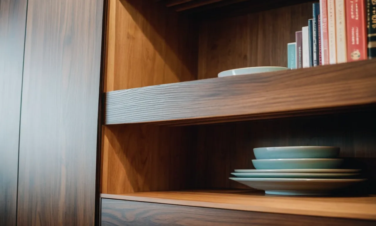 A close-up photo capturing a neatly lined wooden cabinet shelf, showcasing the perfect combination of a high-quality shelf liner that complements the wood grain and protects the surface.