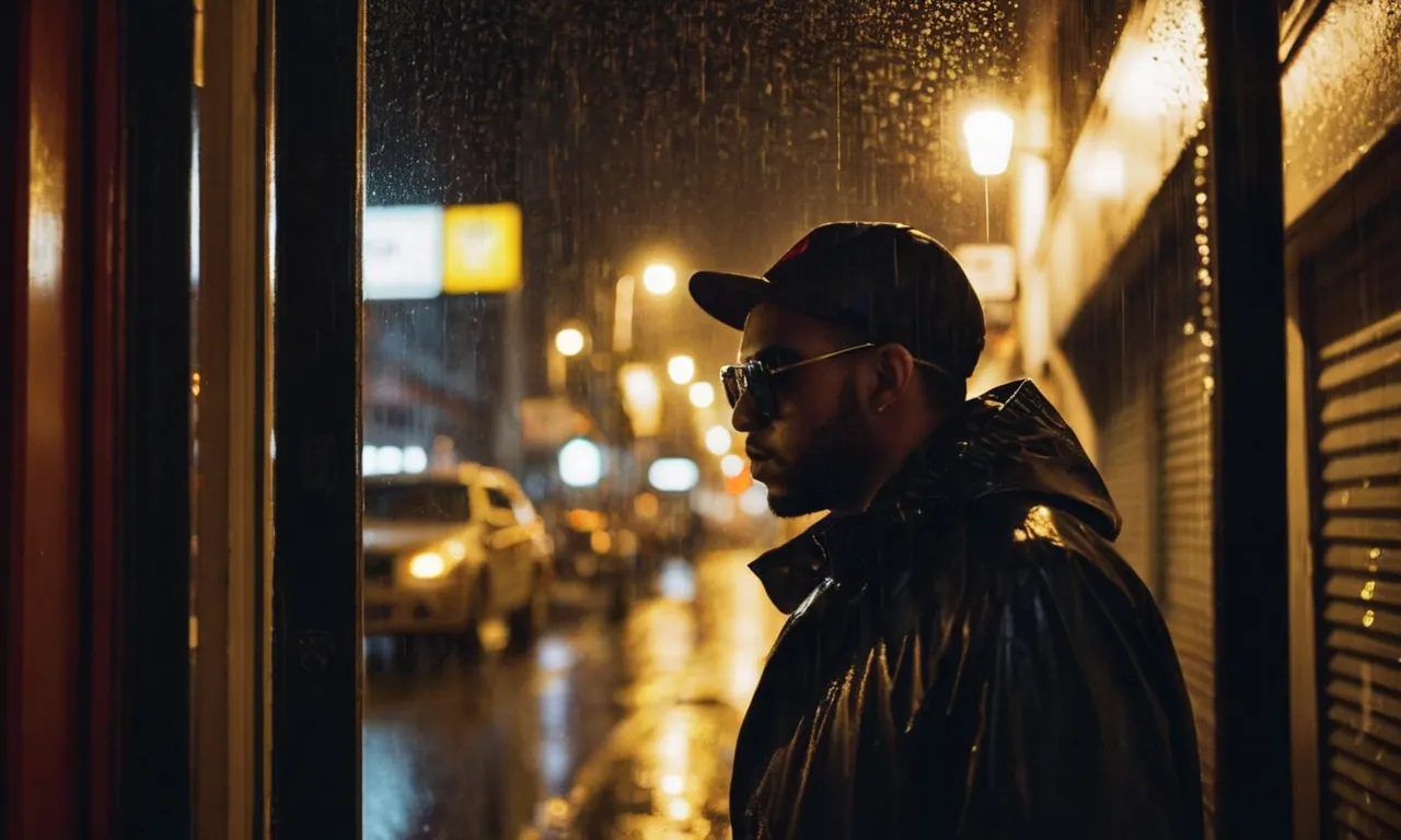 A dimly lit urban alleyway, captured through a rain-soaked windowpane, revealing the silhouette of a person wearing sunglasses at night, concealing their identity and seeking solitude.