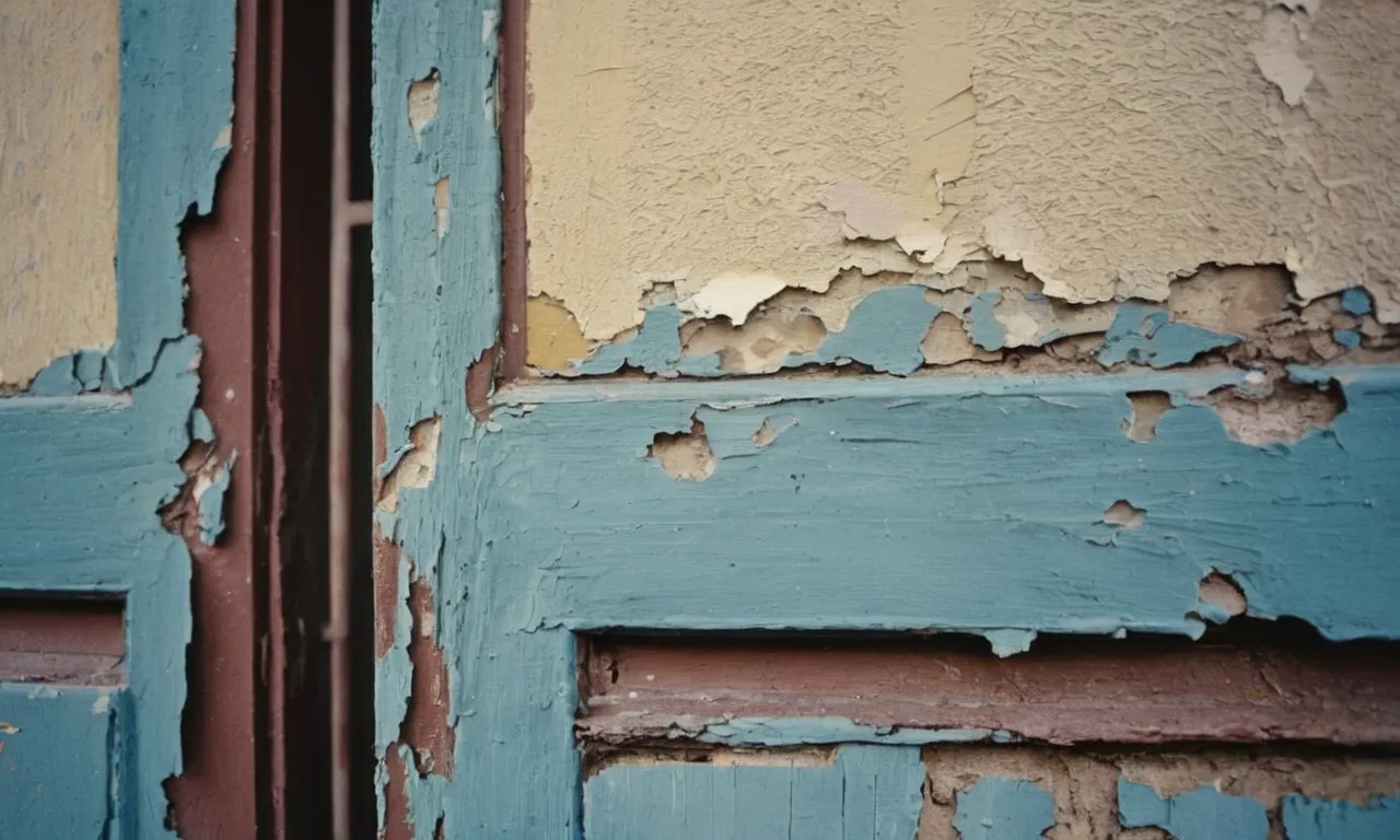 A close-up shot of peeling paint on a neglected wall, revealing layers of history and neglect, evoking questions about the frequency landlords should repaint their properties.
