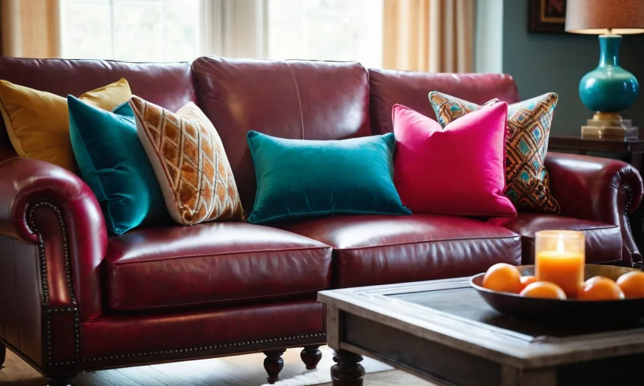 A close-up photo capturing a stylish leather couch adorned with an array of vibrant throw pillows, adding a pop of color and comfort to the elegant living room setting.