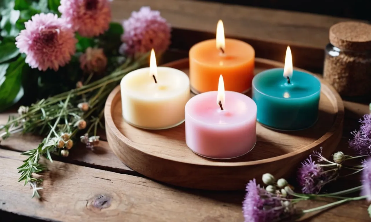 A close-up shot capturing a beautifully crafted soy wax melt in vibrant colors, emanating a delightful aroma, placed on a rustic wooden tray surrounded by delicate dried flowers and aromatic herbs.
