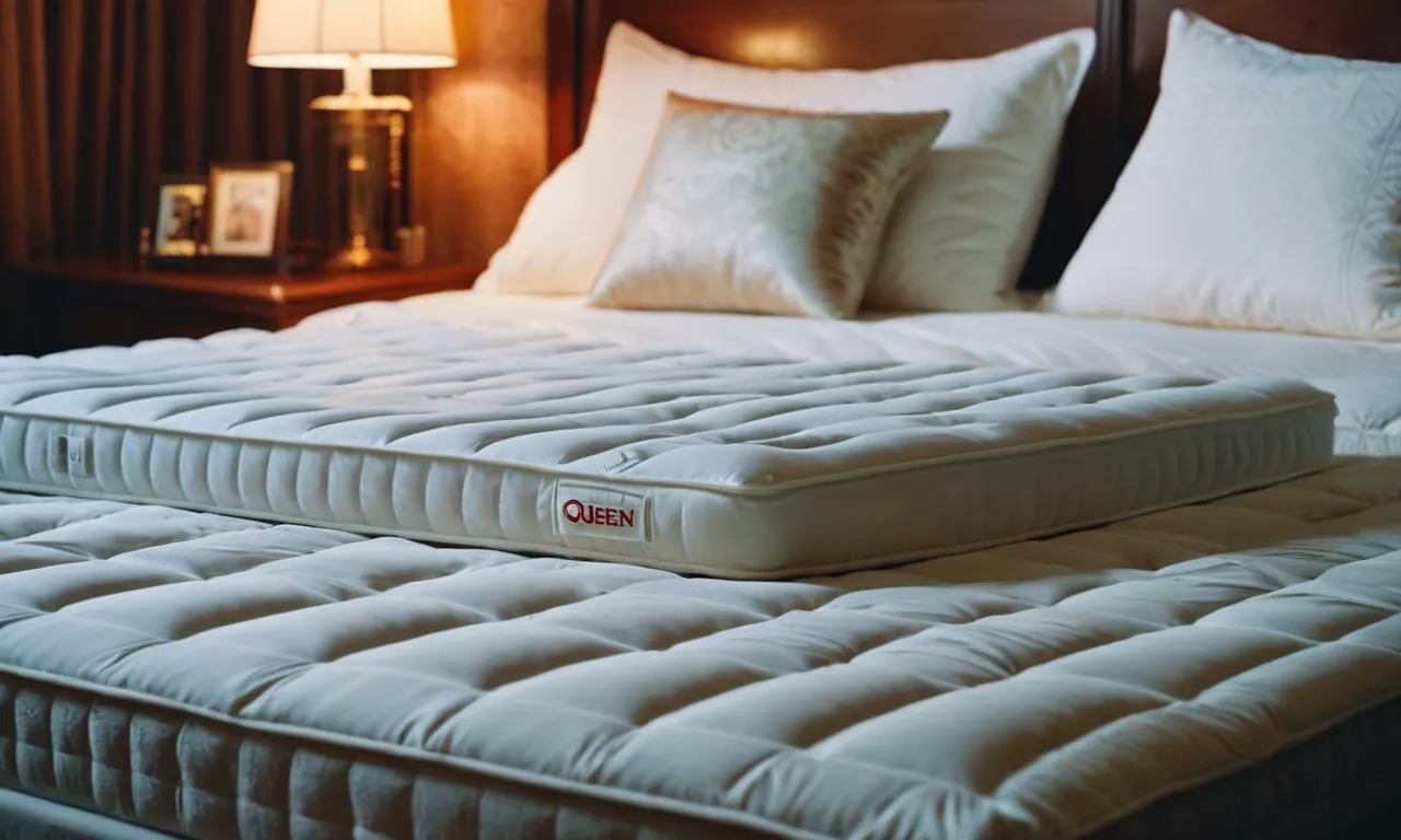 A close-up shot of a cozy, queen-sized bed with a heated mattress pad, showing dual control buttons neatly placed on each side, promising the perfect sleep temperature for two.