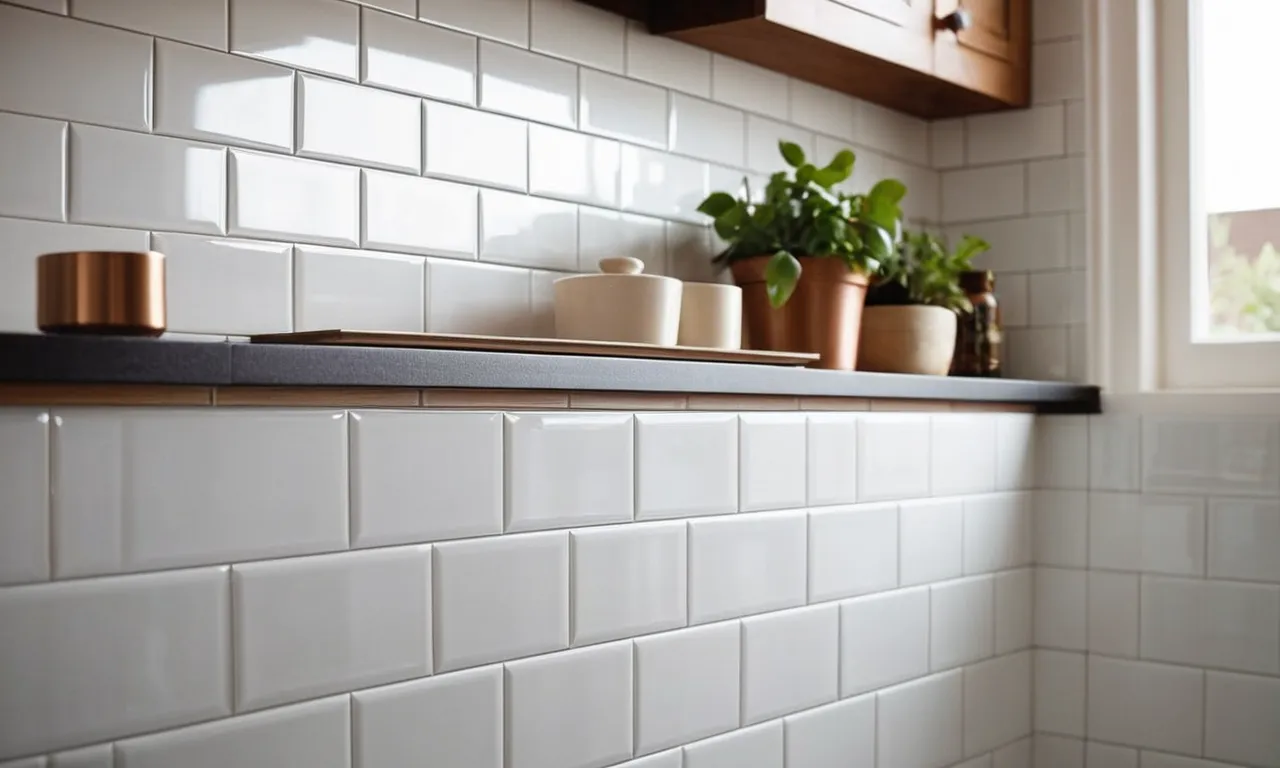 A close-up photo showcasing a perfectly aligned, glossy white peel and stick subway tile installation, highlighting its seamless design and smooth texture for a modern and hassle-free home improvement.