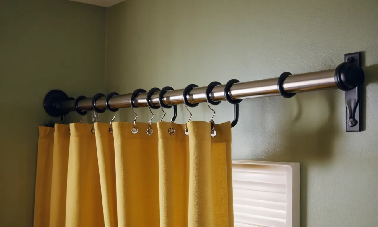A close-up shot capturing a sturdy shower curtain rod securely attached to the wall, highlighting its strong and reliable design, ensuring it won't fall even with heavy curtains.