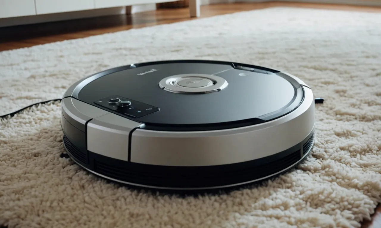 A close-up shot of a sleek robotic vacuum effortlessly gliding over a carpet covered in pet hair, showcasing its exceptional cleaning power and efficiency.