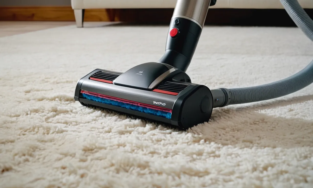 A close-up shot of a sleek cordless vacuum in action, effortlessly removing pet hair from a plush carpet, showcasing its powerful suction and specialized pet hair cleaning attachments.