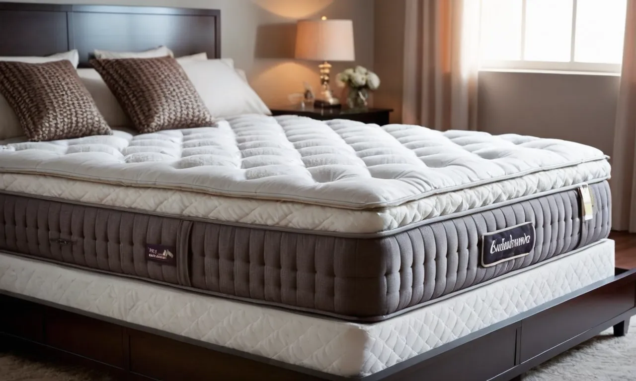 A close-up shot of a cozy bed with a plush mattress topper, adorned with fluffy pillows and a side sleeper comfortably curled up, showcasing the perfect combination for a restful night's sleep.