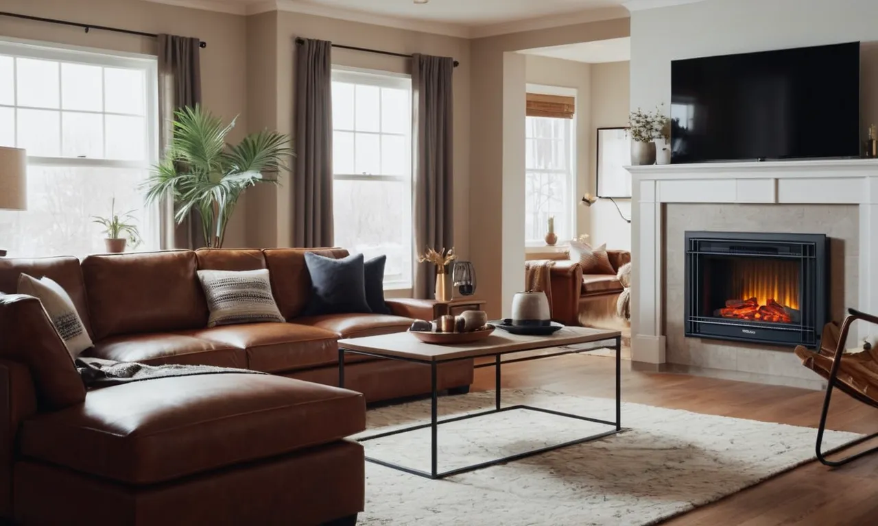 A photo capturing a cozy living room with a large, open space, featuring a stylish and efficient indoor electric heater radiating warmth, creating a comfortable ambiance for those chilly winter nights.