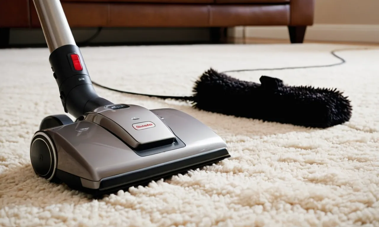 A close-up shot of a stick vacuum gliding effortlessly over a carpet covered in pet hair, showcasing its powerful suction and specialized attachments designed to tackle stubborn pet fur.
