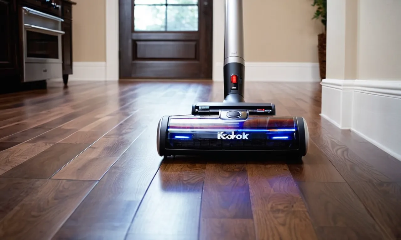 A beautiful photograph capturing a sleek cordless vacuum effortlessly gliding across pristine hardwood floors, showcasing its efficiency and suitability for maintaining the cleanliness and elegance of any space.