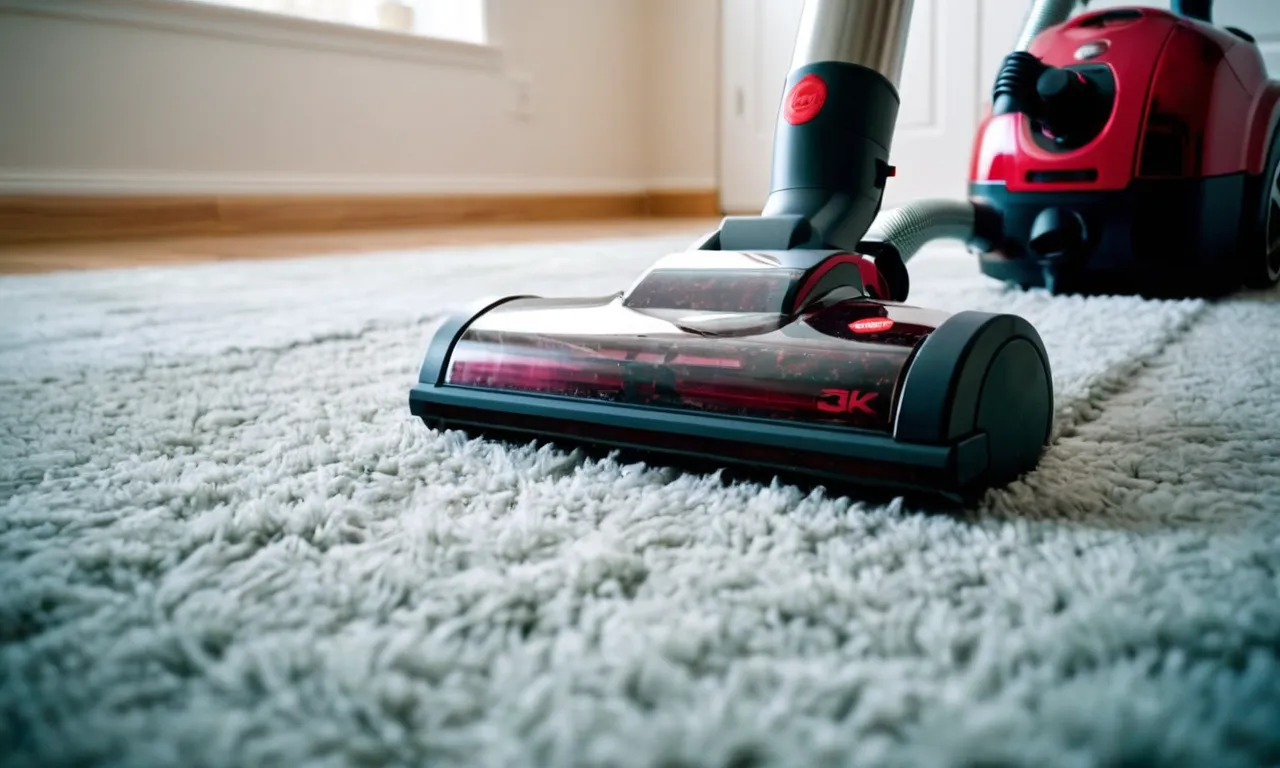 A close-up shot capturing a sleek vacuum cleaner effortlessly removing pet hair from a vibrant, plush carpet, showcasing its powerful suction and specialized pet hair removal attachments.