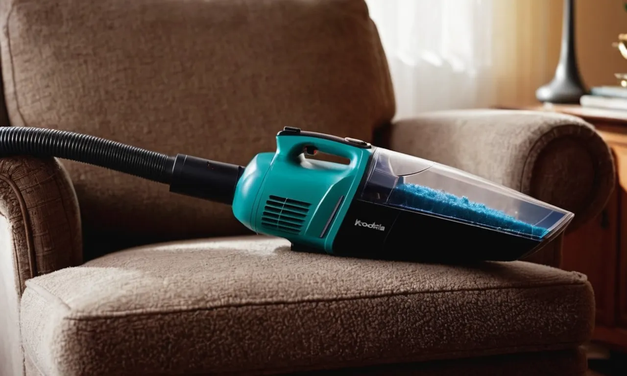 A close-up image captures a handheld vacuum effortlessly removing pet hair from a cozy armchair, showcasing its powerful suction and specialized attachments designed specifically for tackling stubborn pet fur.