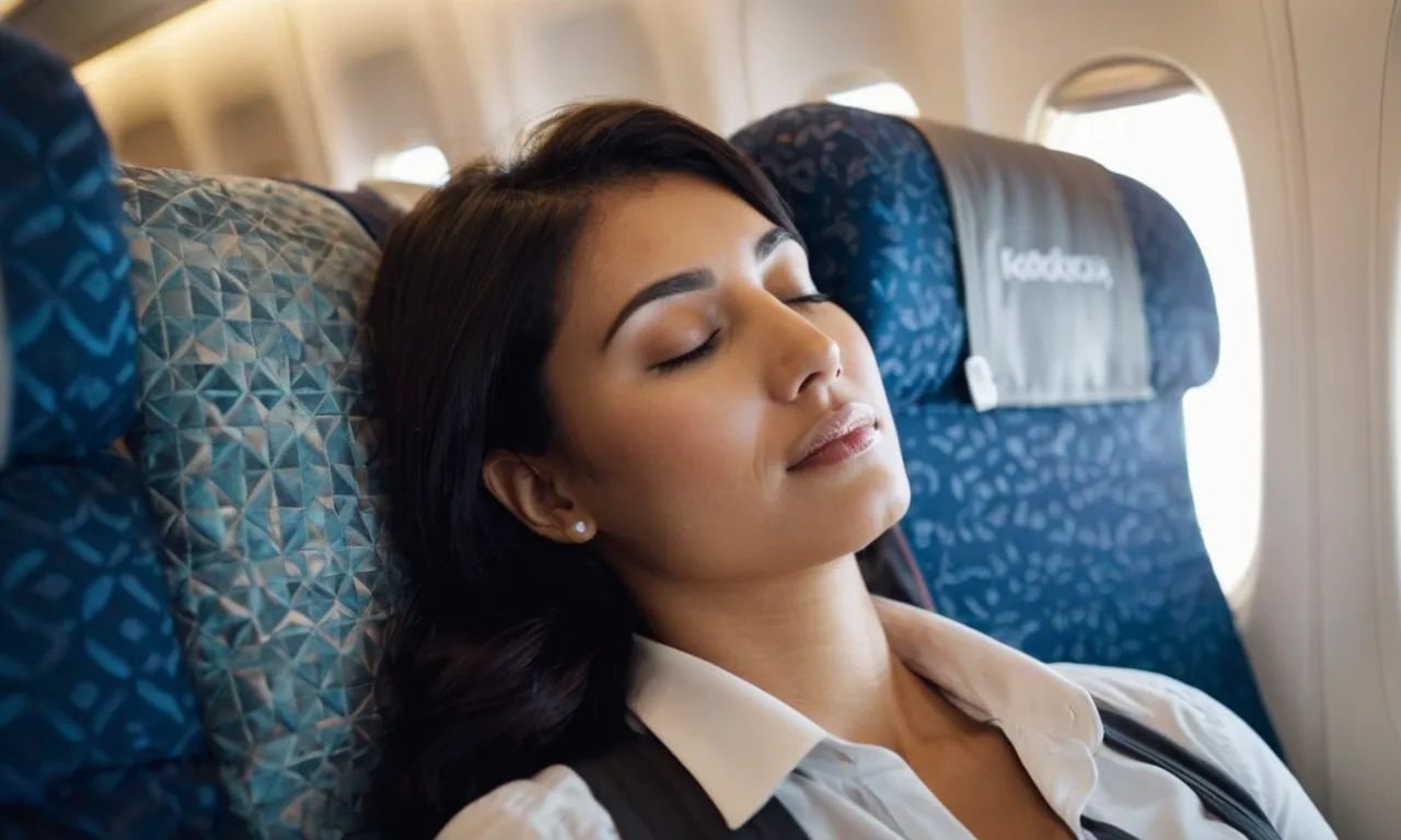 A close-up shot of a traveler peacefully sleeping on a plane, with a plush, ergonomic travel pillow supporting their head and neck, ensuring comfort during long flights.