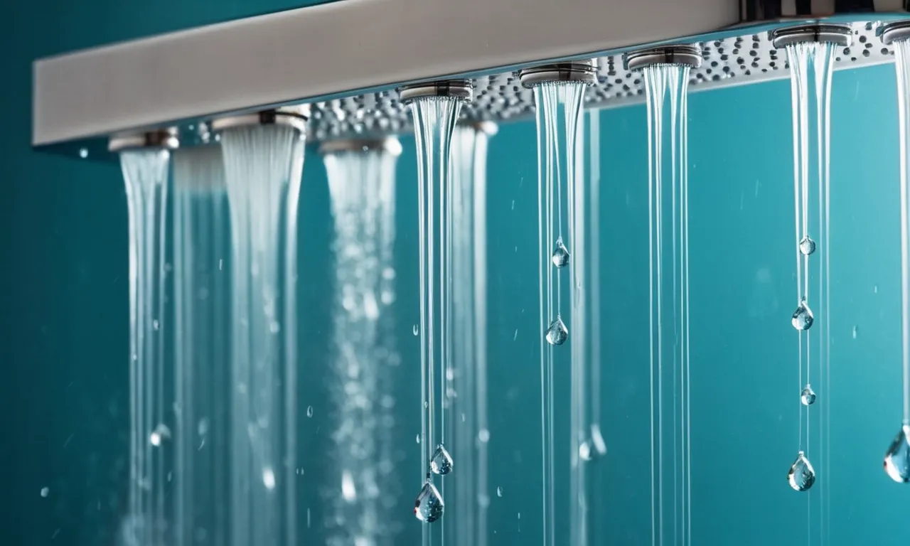 A close-up image capturing the crystal-clear water droplets cascading down from the showerhead, illustrating the effectiveness of the best shower filter for hard water.