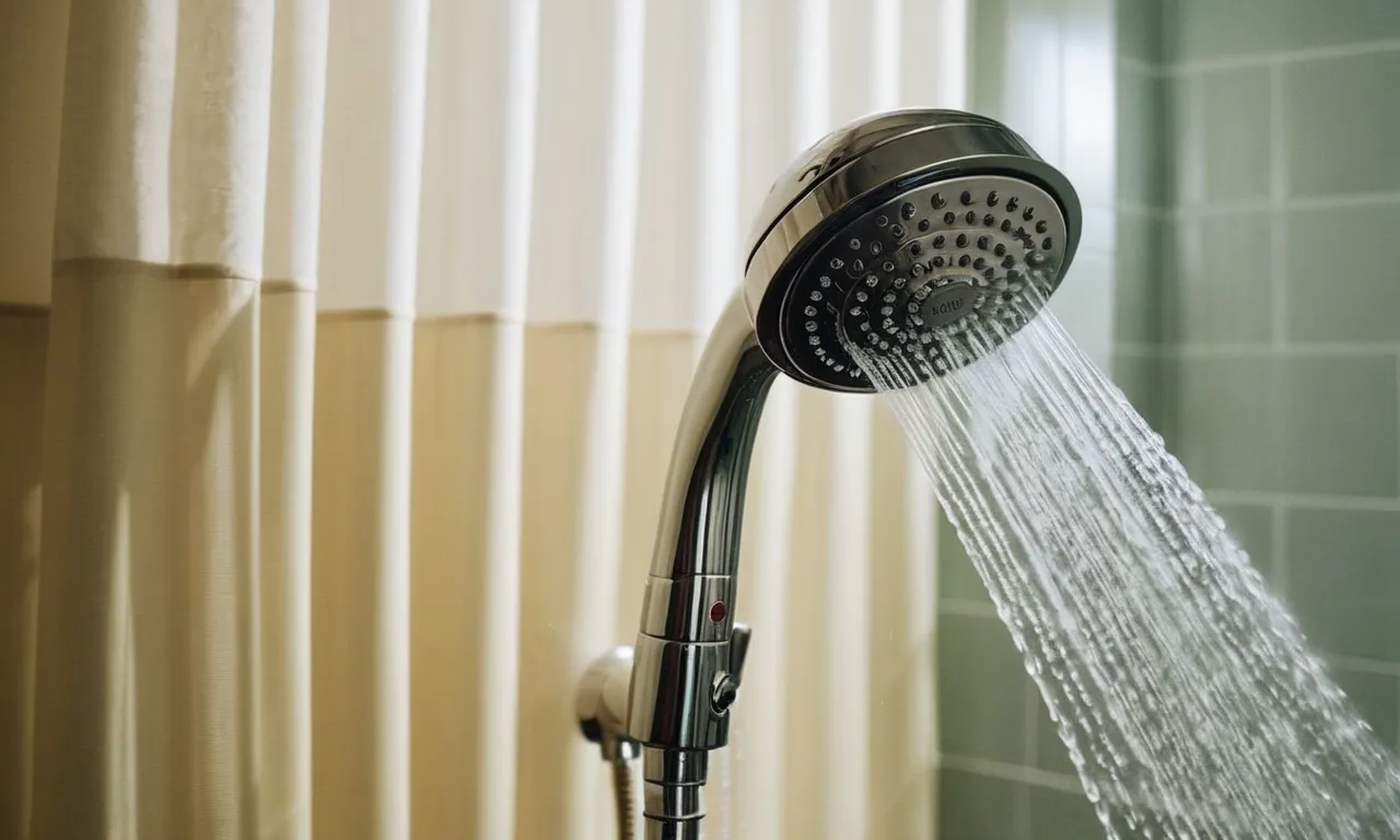 A close-up photo captures a sleek shower head with multiple pressure-boosting nozzles, elegantly releasing a powerful stream of water against a backdrop of a clear shower curtain.