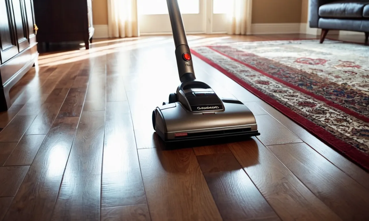 A well-lit photograph capturing the elegance of a sleek vacuum cleaner gliding effortlessly over a pristine, hardwood floor, while effectively cleaning a luxurious carpet, showcasing its versatility and efficiency.