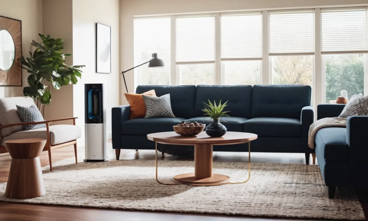 A photo capturing a spacious living room with a sleek and modern air purifier placed prominently, effectively cleansing the air and creating a serene atmosphere for the occupants.