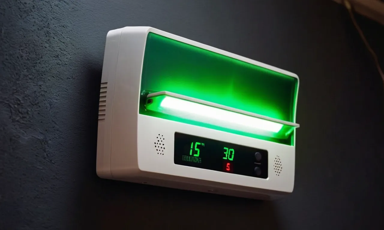 A close-up shot of a smoke and carbon monoxide detector mounted on a wall, its LED display glowing green, symbolizing safety and protection.