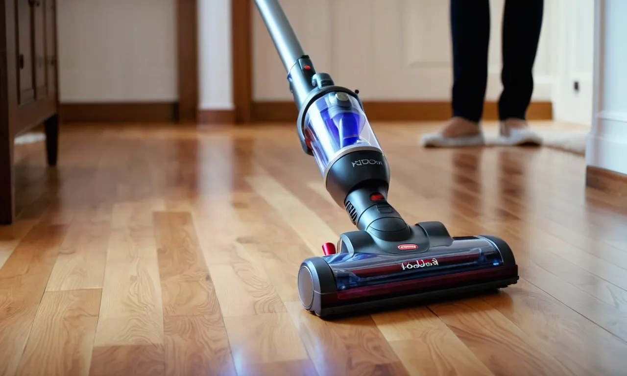 A photograph showcasing a sleek and lightweight stick vacuum effortlessly gliding across a pristine hardwood floor, capturing the essence of efficient cleaning and maintaining the natural beauty of the surface.