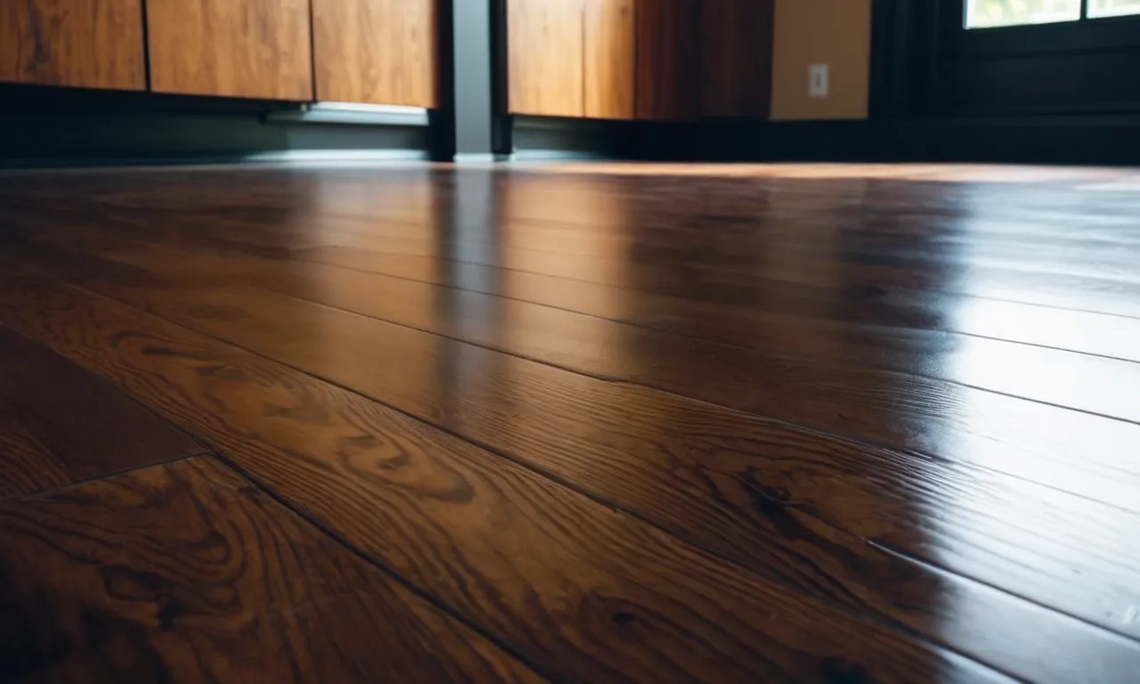A close-up photo of a pristine vinyl plank floor, reflecting light and showcasing its smooth, glossy surface, with a bottle of the best cleaner prominently displayed nearby.
