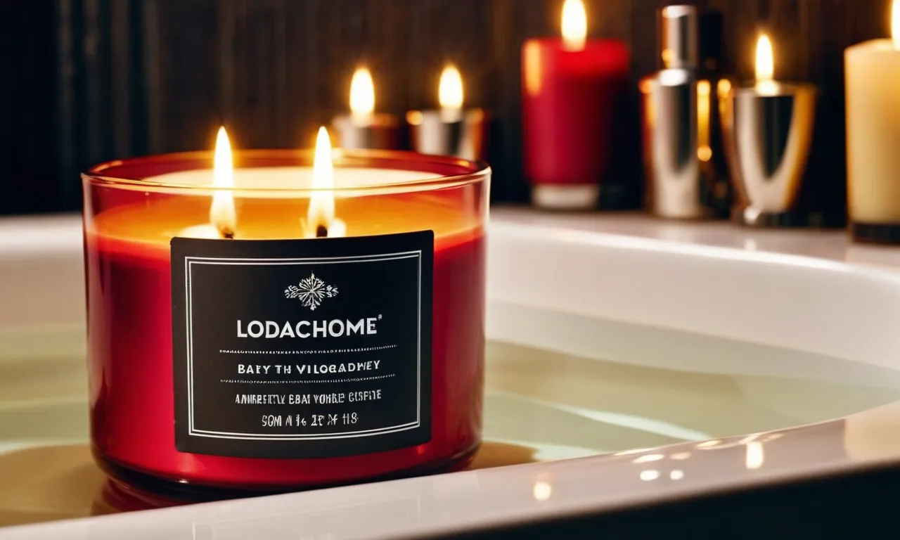 A close-up photo capturing the warm glow of a beautifully lit bath and body works candle, surrounded by an array of enticing scents, creating a serene and inviting ambiance.
