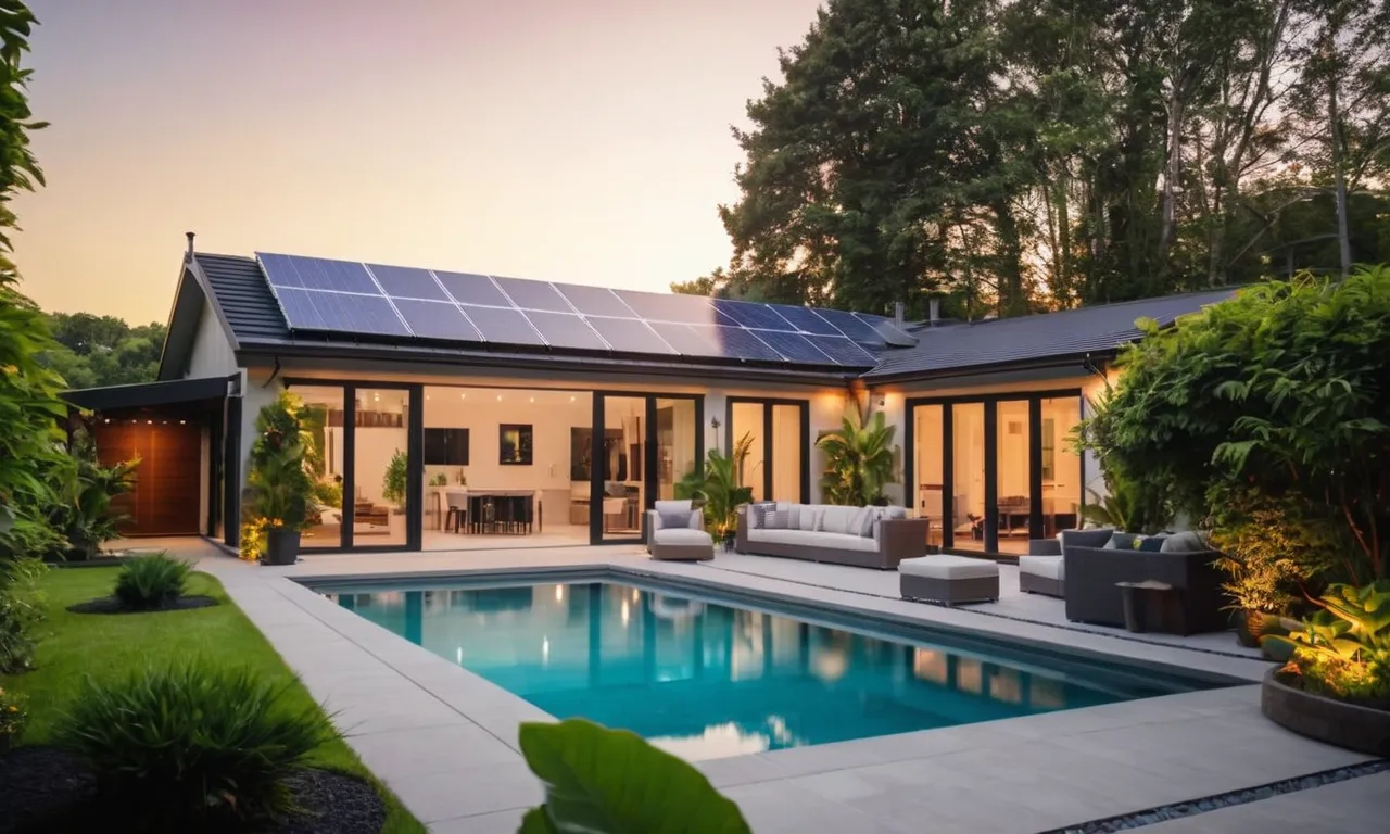 A picturesque shot of a modern home surrounded by lush greenery, with a solar generator nestled in the backyard, providing reliable and sustainable backup power during a beautiful sunset.