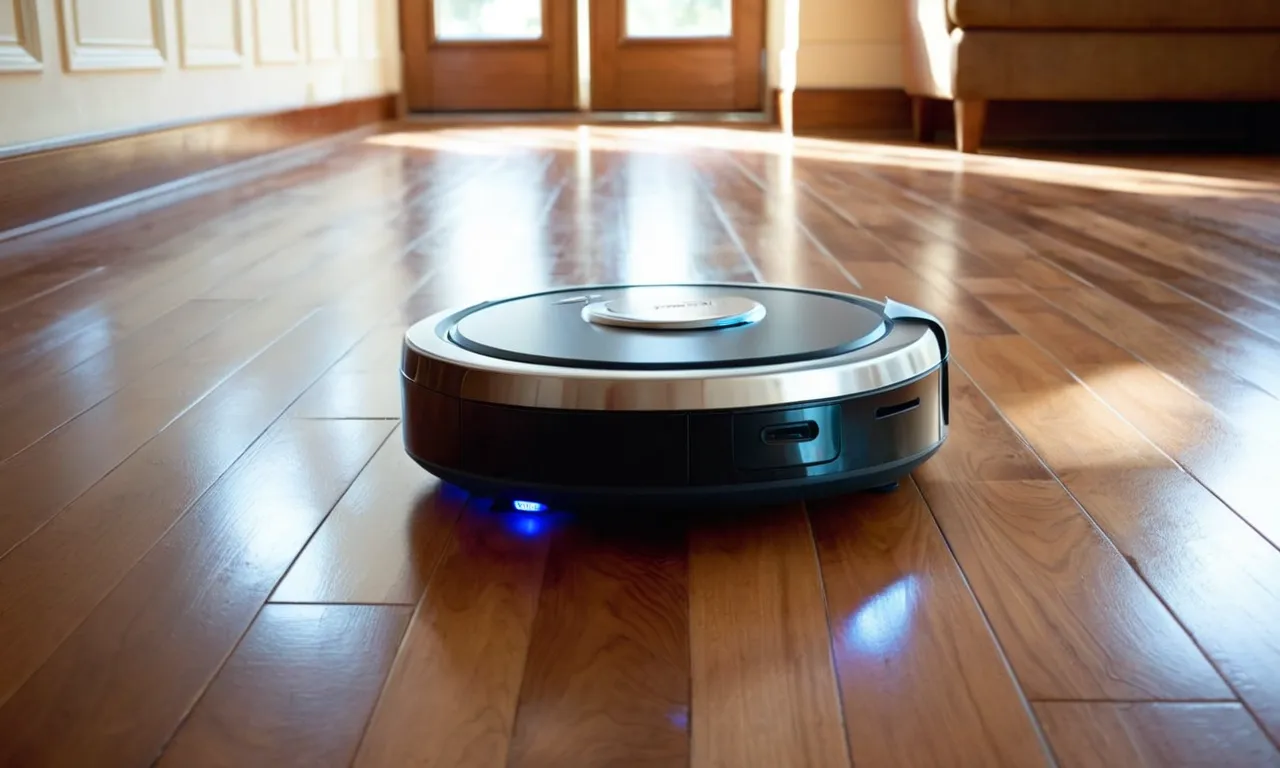 A sleek robot vacuum glides effortlessly across a gleaming hardwood floor, its sensors detecting every speck of dust. The room is bathed in warm sunlight, highlighting the vacuum's efficiency and the floor's pristine condition.