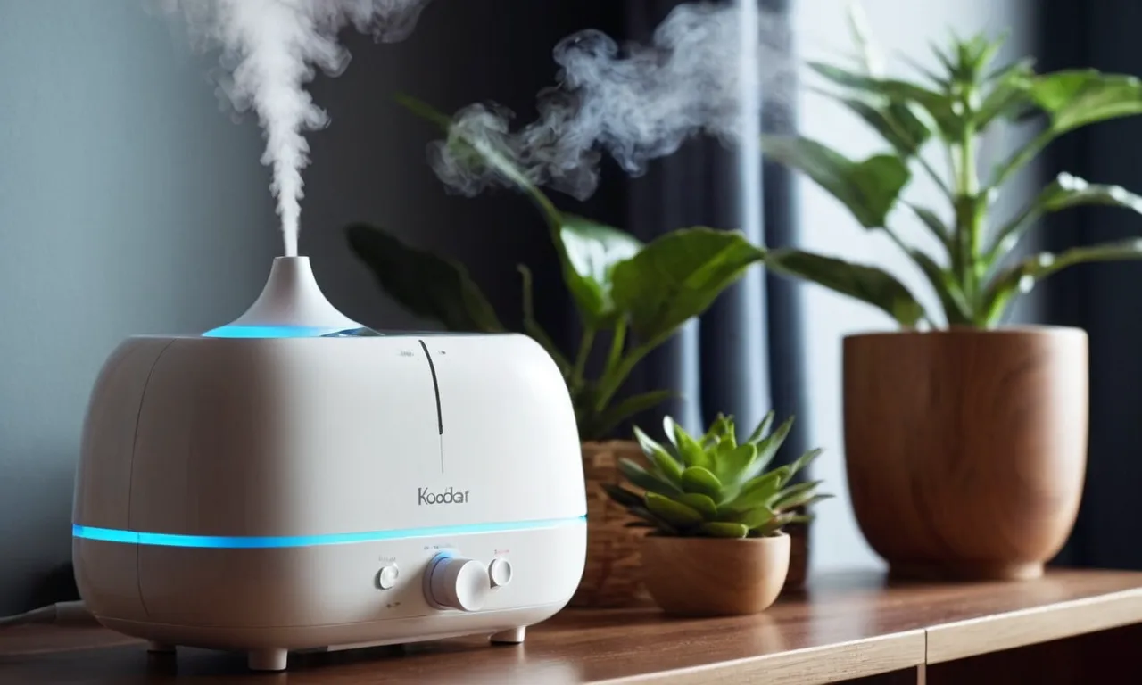 A close-up shot captures a serene bedroom scene, featuring a sleek, whisper-quiet humidifier emitting a cool mist, providing relief for coughing at night, enhancing sleep quality and promoting respiratory well-being.