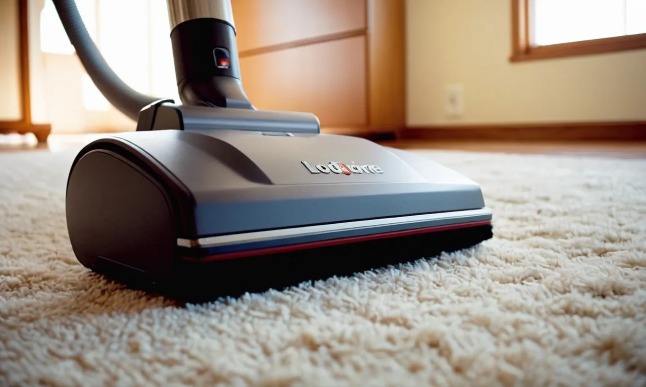 A close-up shot capturing the sleek design of a top-rated upright vacuum as it effortlessly sucks up pet hair from a plush carpet, leaving it spotless and fur-free.