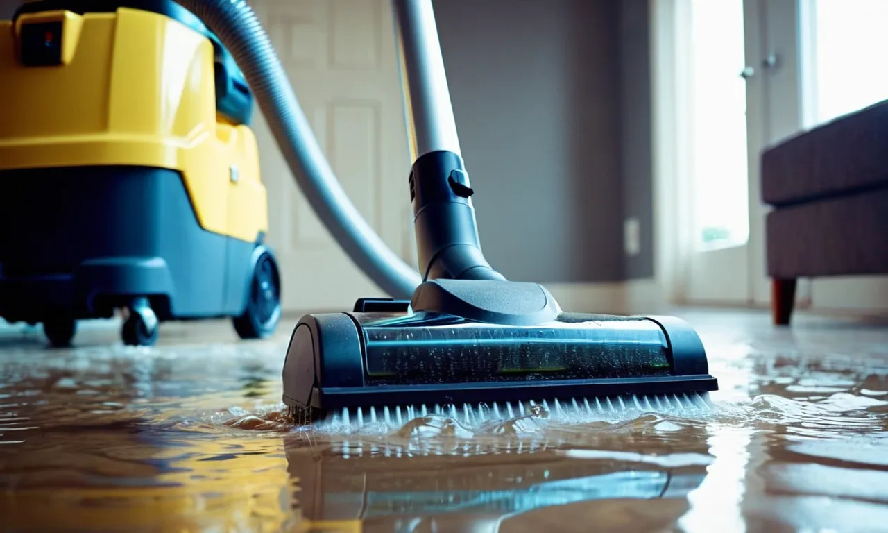 A close-up shot of a wet/dry vacuum cleaner in action, capturing the powerful suction and a stream of water being effortlessly sucked up, showcasing its superior cleaning capabilities.