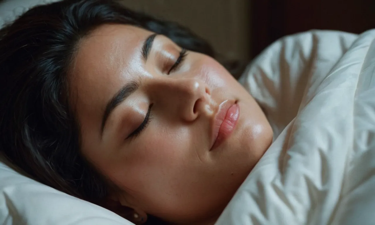 A close-up shot of a person peacefully sleeping under a lightweight, breathable duvet insert, with a fan gently blowing and a subtle sheen of sweat on their forehead.